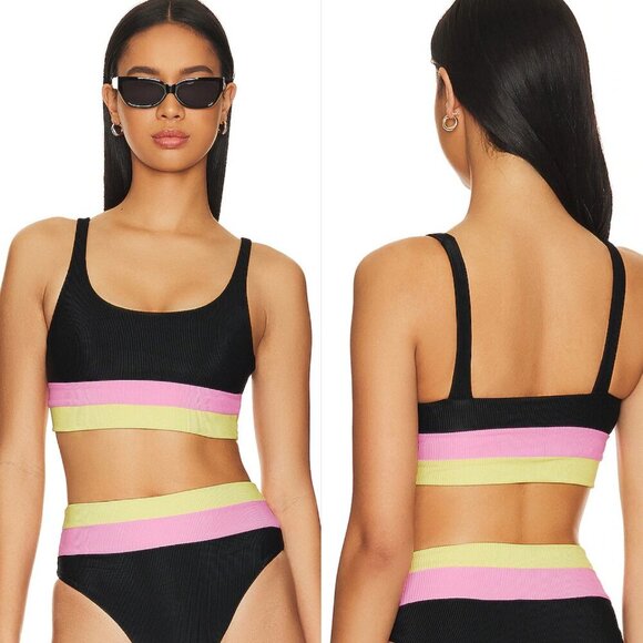 New! Beach Riot Mackenzie Pink Lemonade Colorblock Rib Bikini Top 24947 - Picture 1 of 6